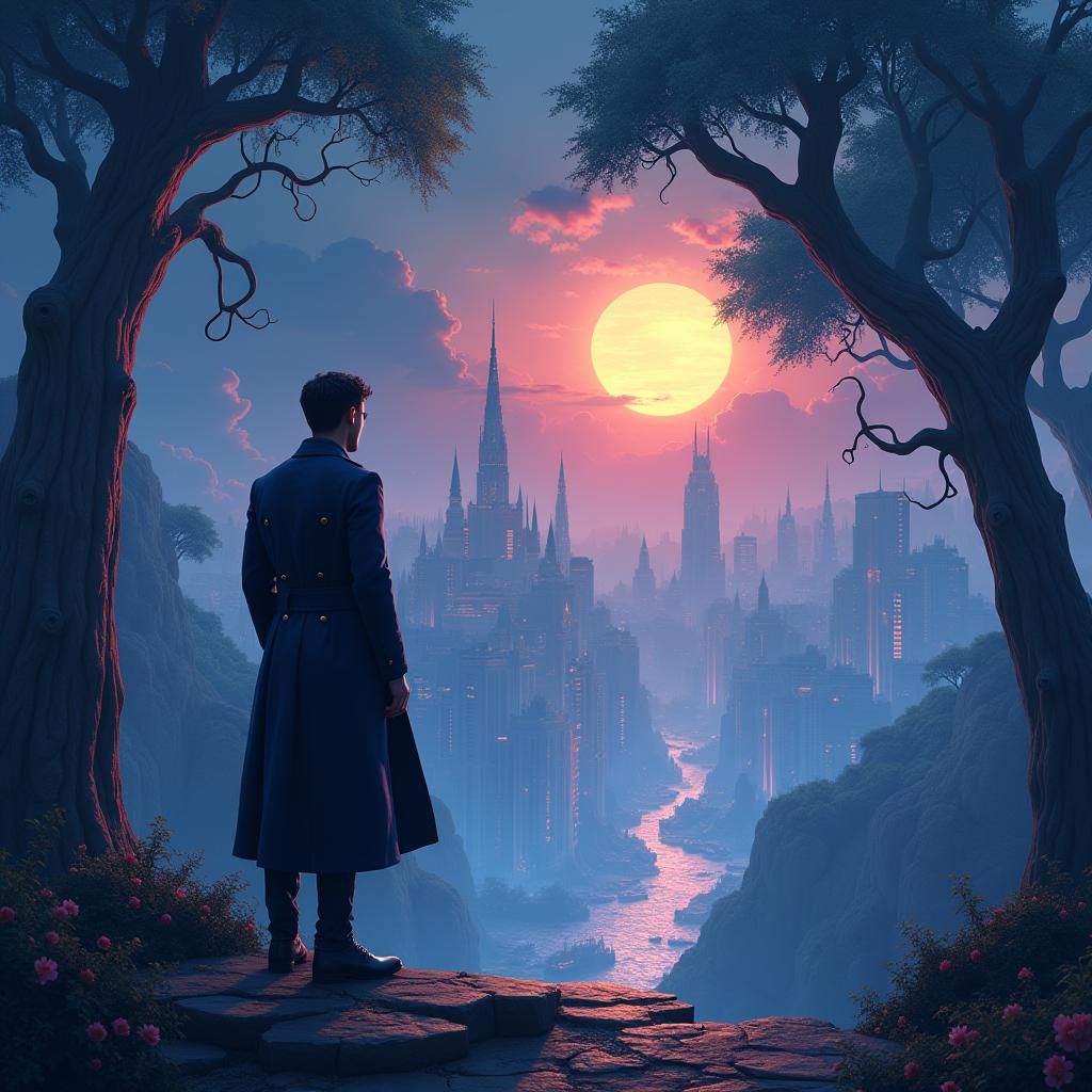 Young Investor at Glowing Stock Market in Art Nouveau Style