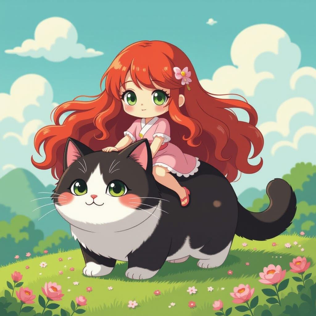 Chibi Woman Rides Giant Tuxedo Cat in Dreamy Landscape