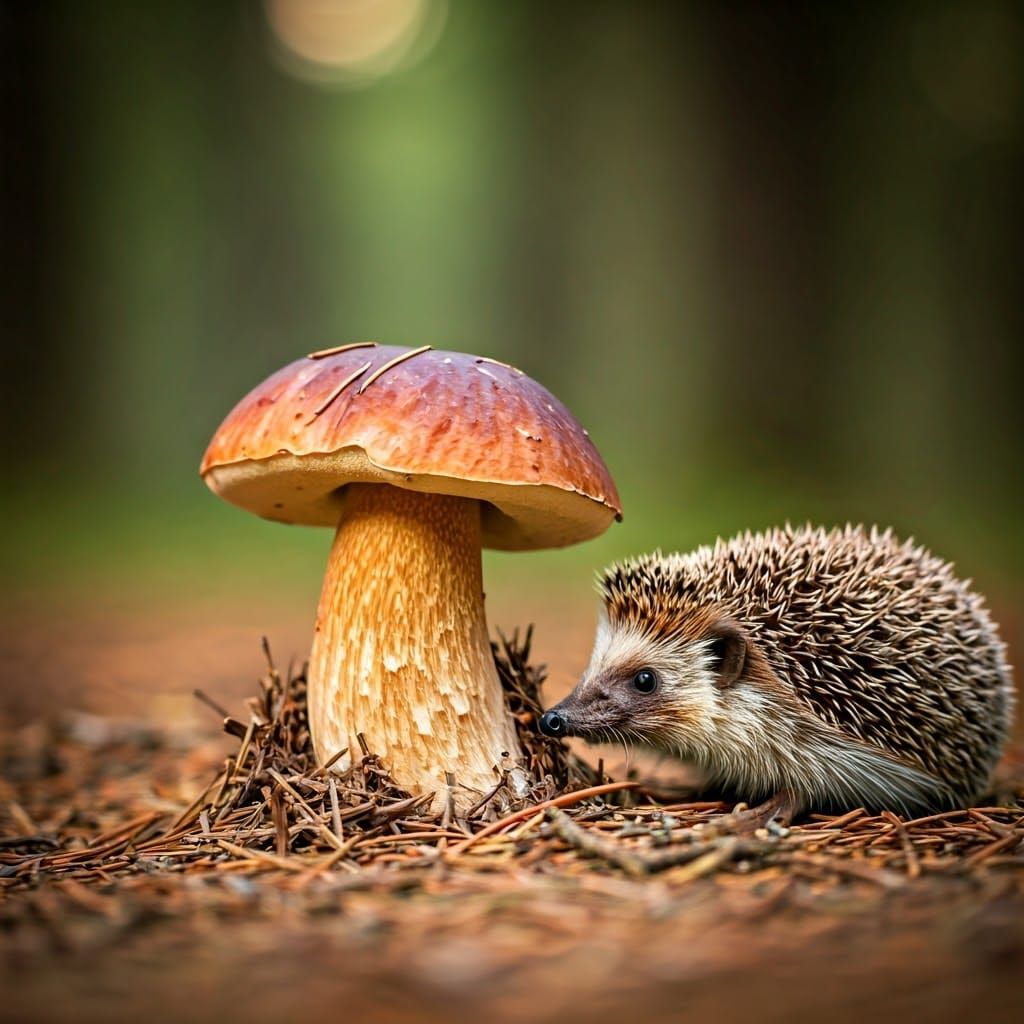 Boletus Mushroom Portrait with Hedgehog at Dawn