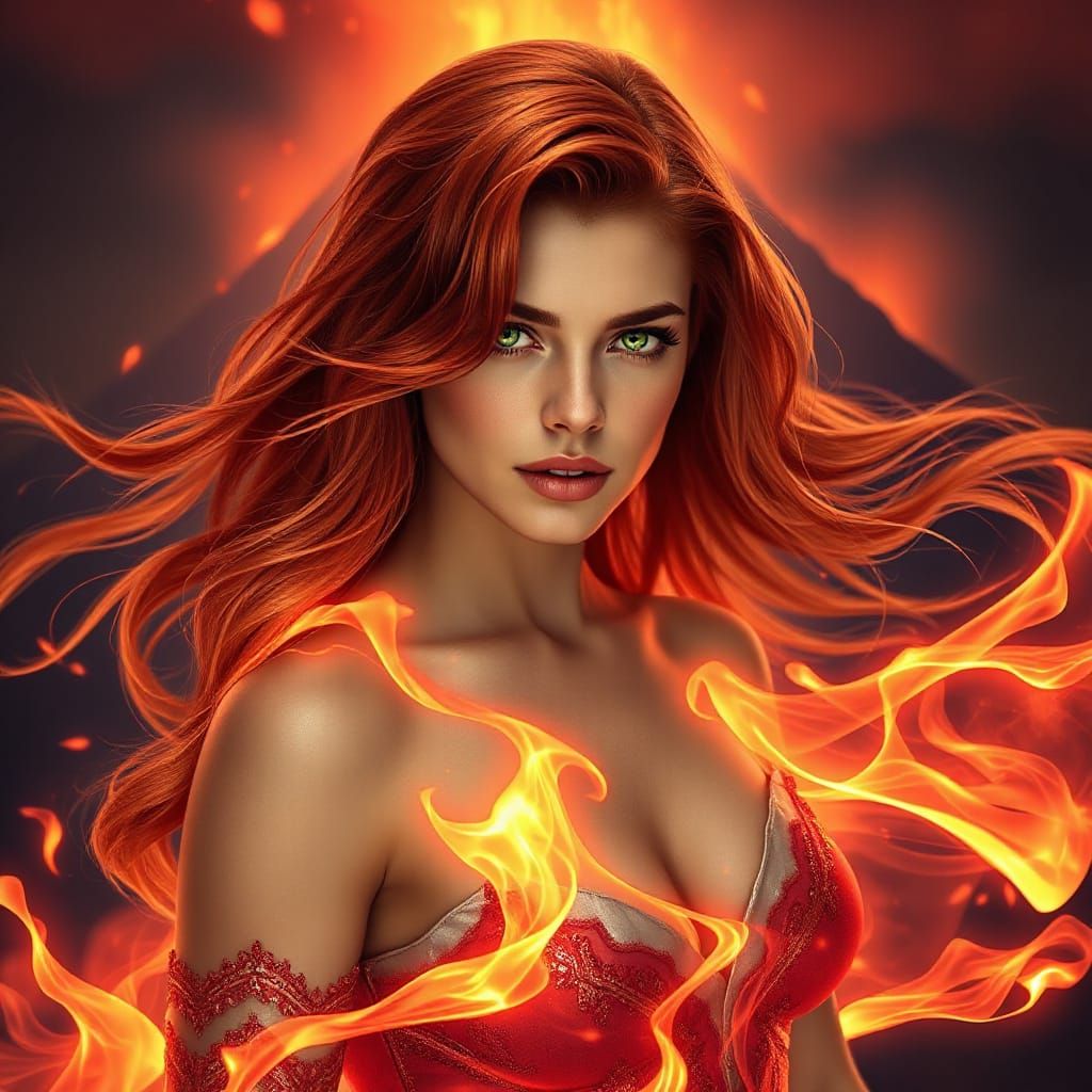 Sultry Redhead Goddess Ignites Inferno in Fantasy Landscape