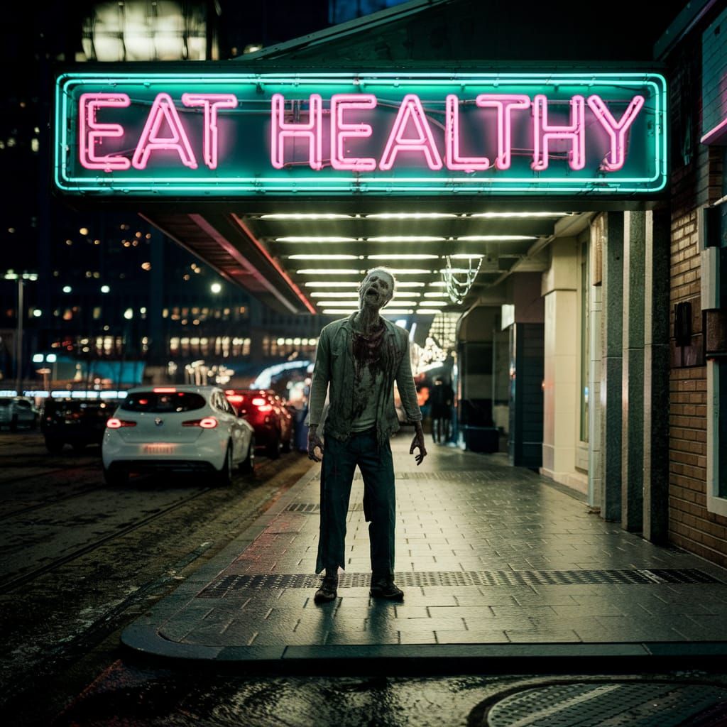 Zombie Under Neon Sign: Eat Healthy - Cinematic Still