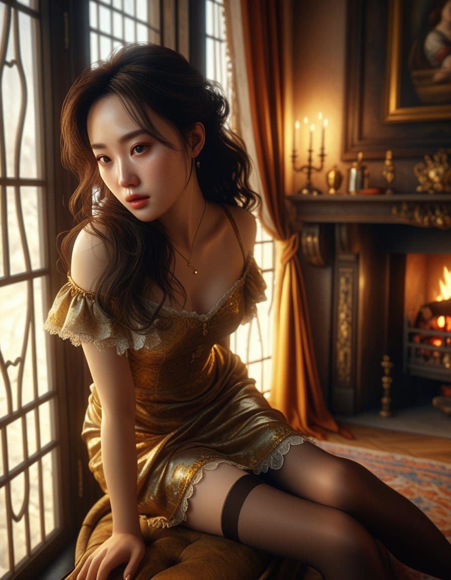 Korean Woman in Baroque Oil Painting Style