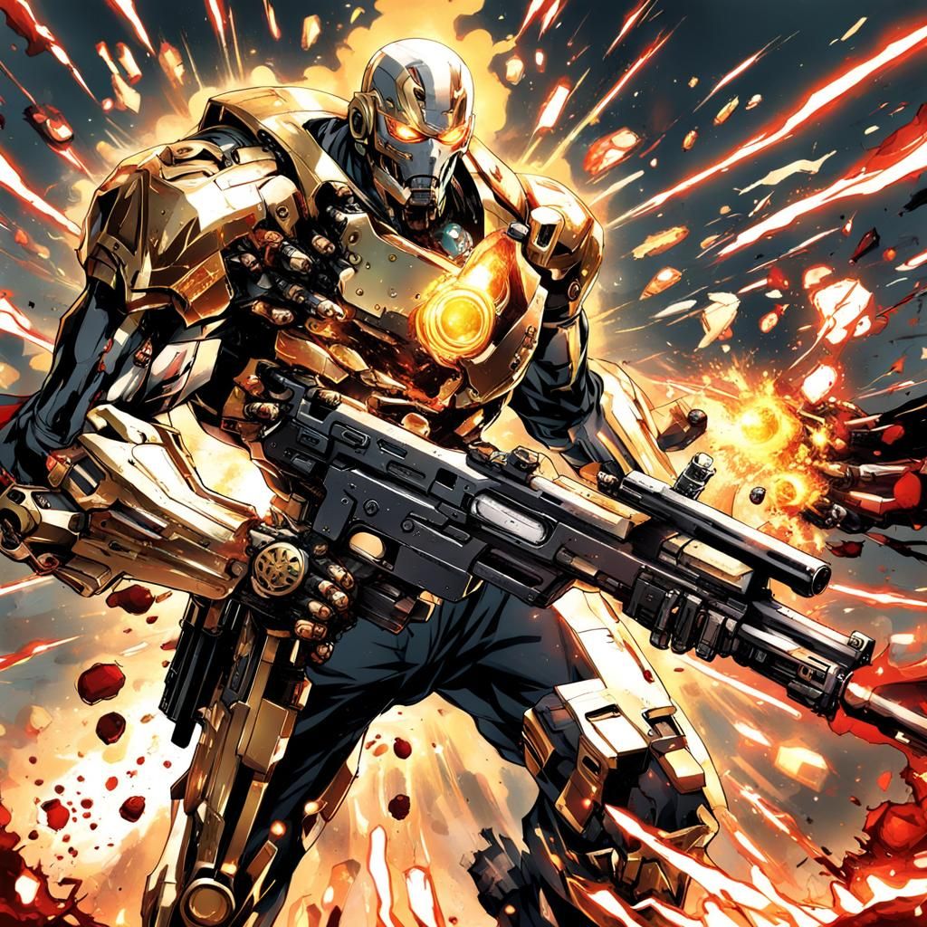 Golden Cyborg Gunslinger in Anime Style