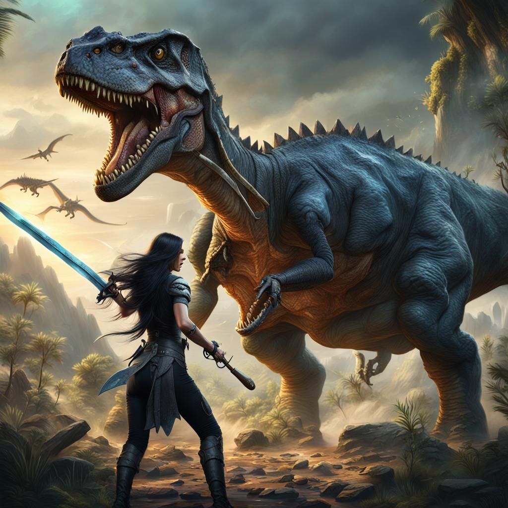 Woman Battles Dinosaur with Sword: Fantasy Art