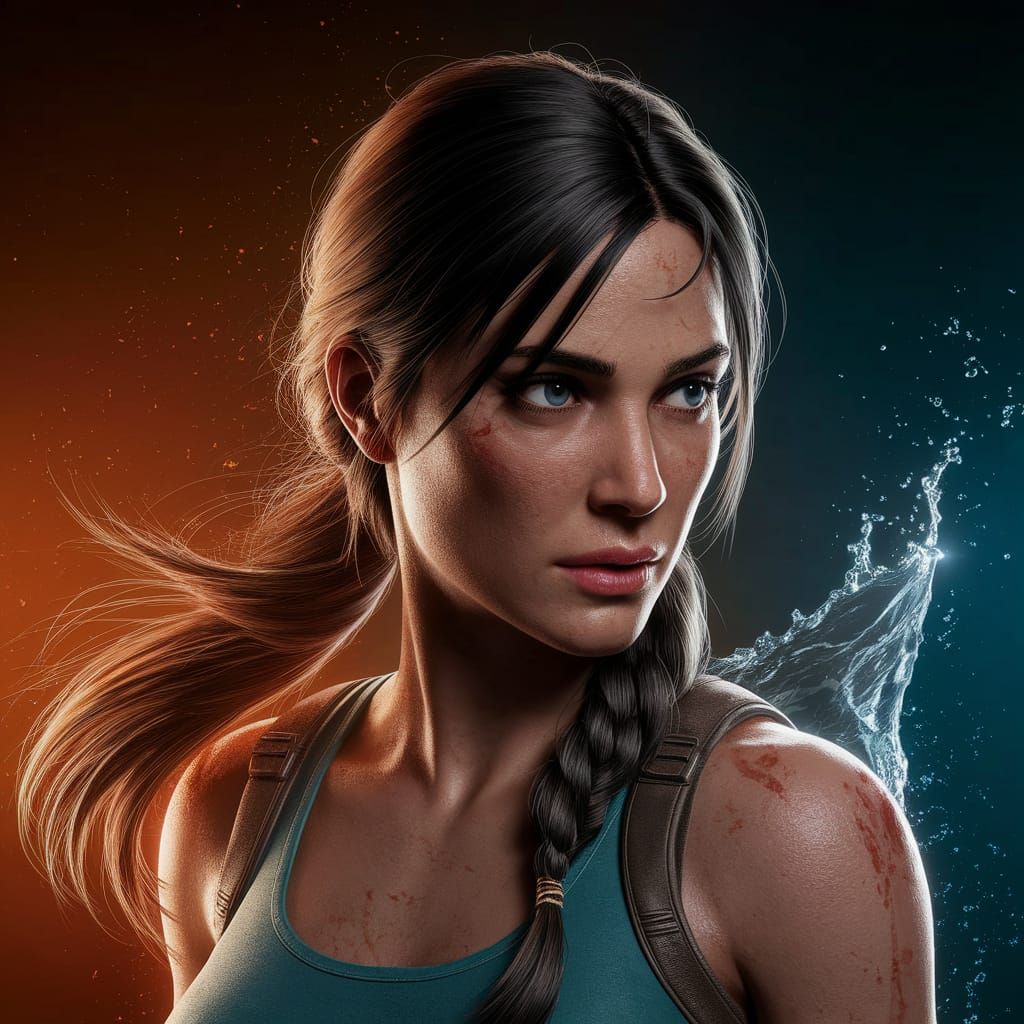 Lara Croft Amidst Fire and Water in a Cosmic Realm