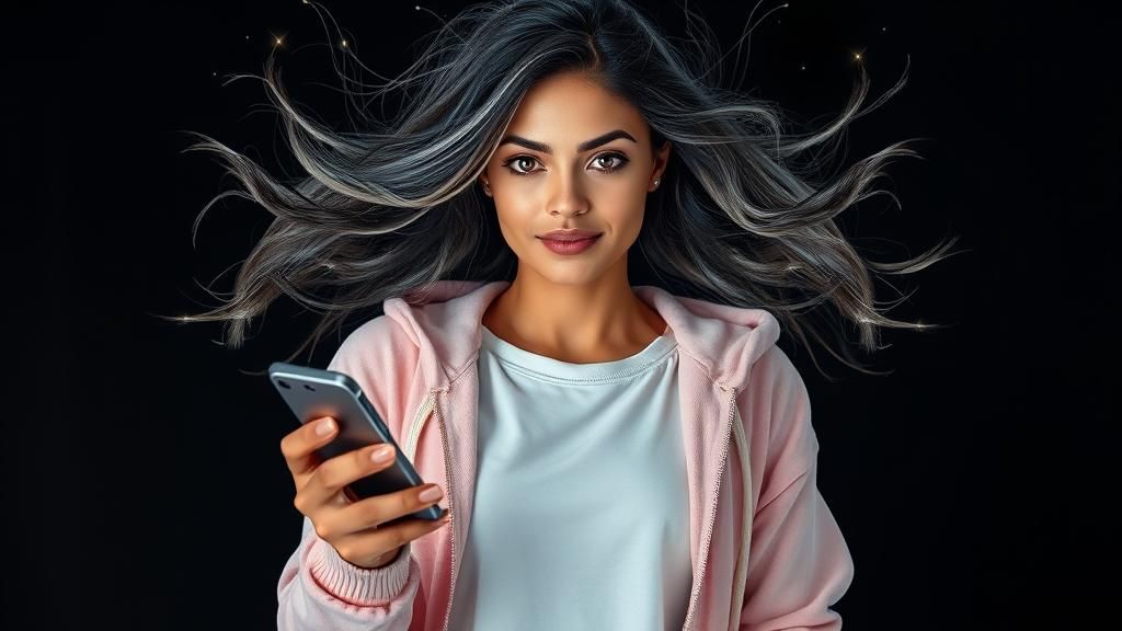 Hispanic Woman Emerges from Futuristic Cell Phone