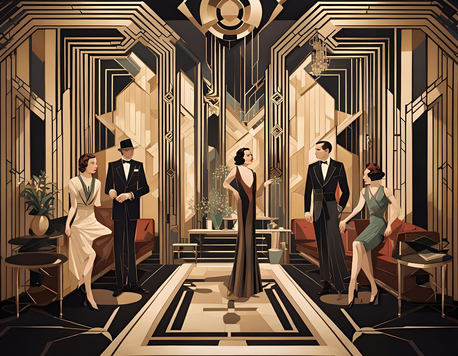 People in Art Deco Style Geometric Room