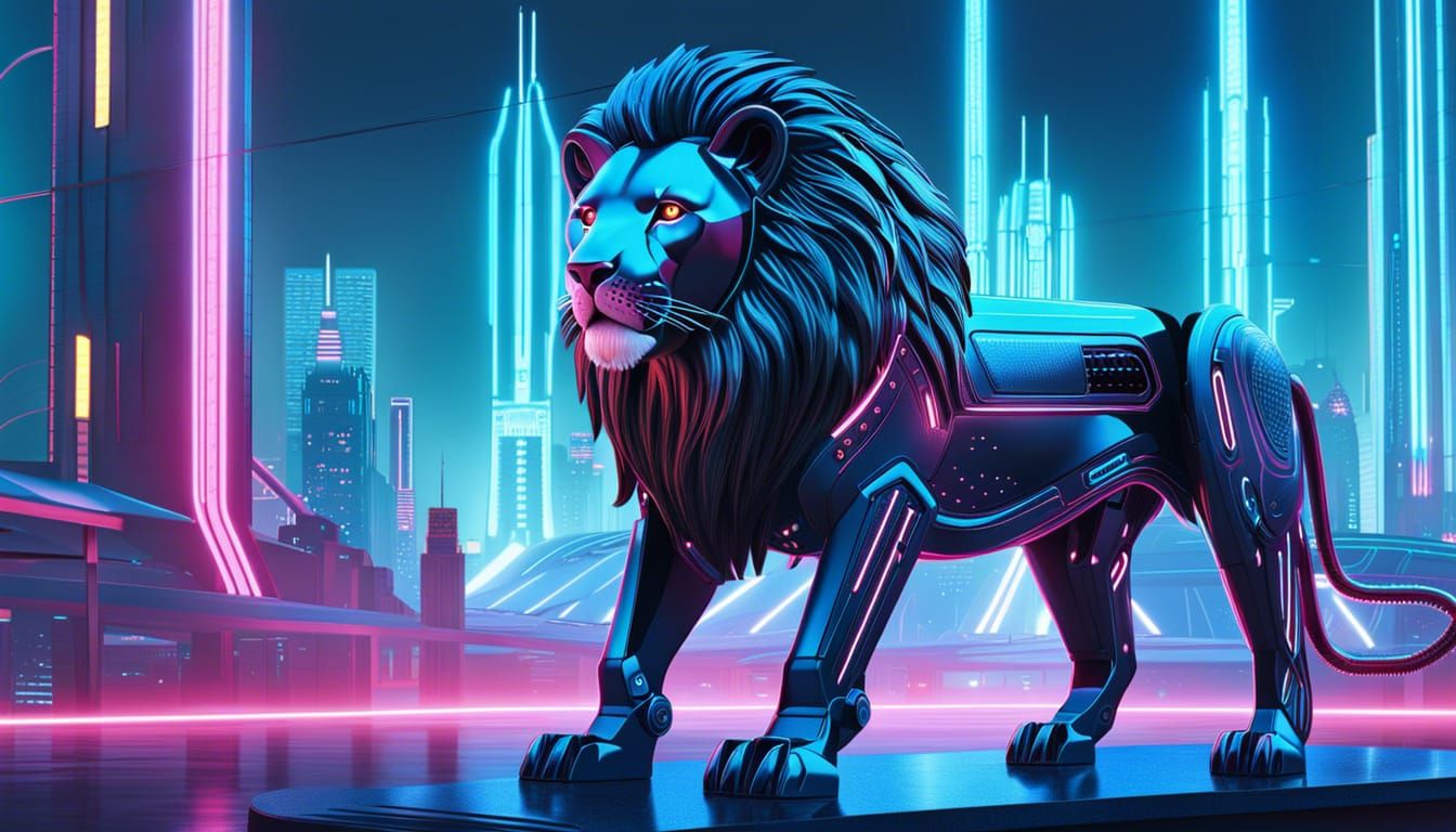 "Beyond the Neon Veil: The Cybernetic Lion's Tale"
