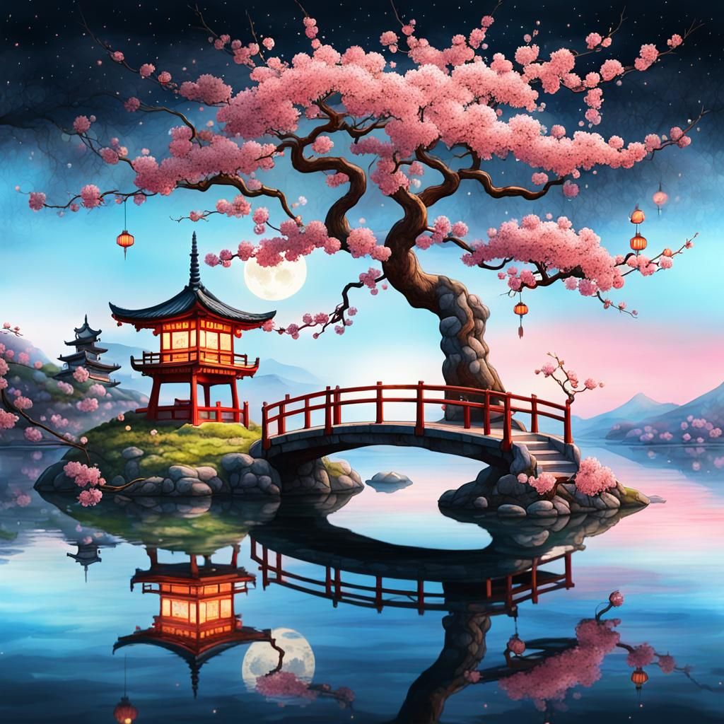Japanese Temple and Crabapple Tree in Watercolor Style