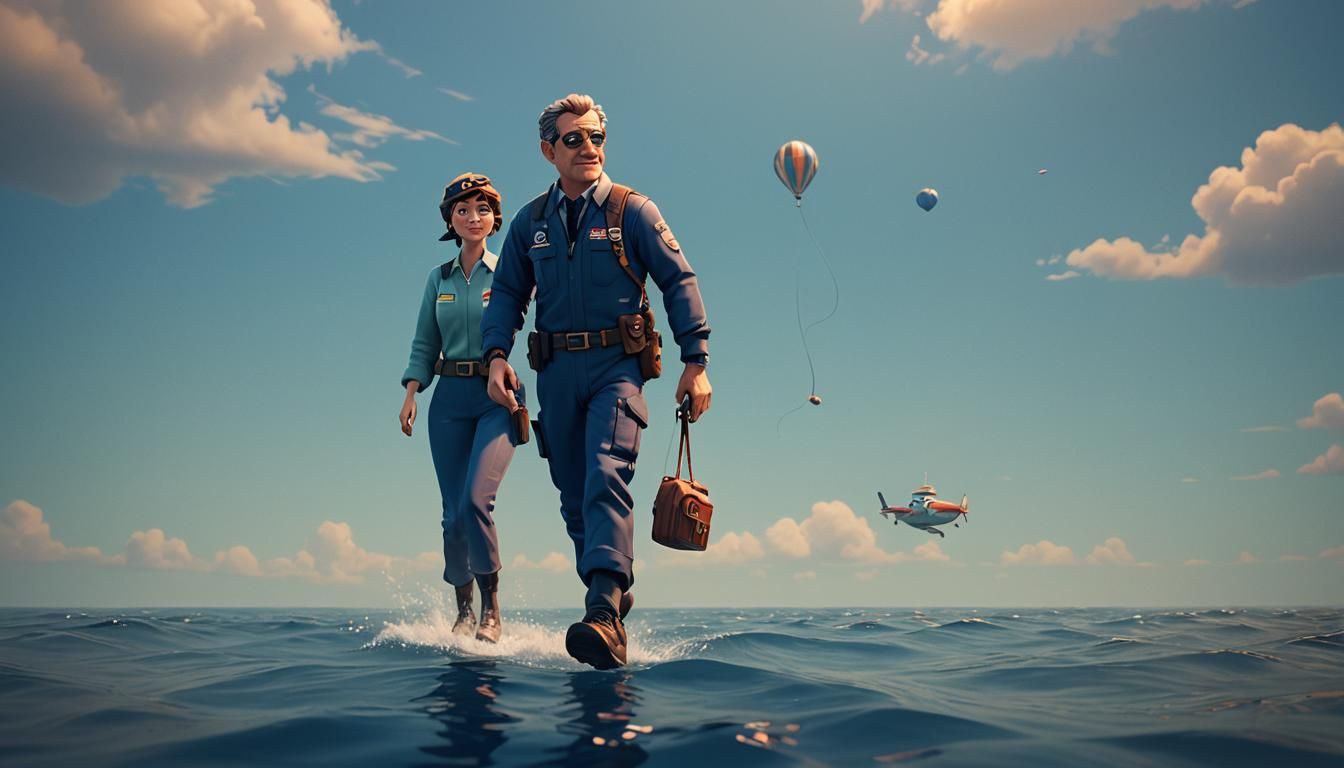 Pilot Casually Walking in Deep Blue Sea: 3D Digital Art