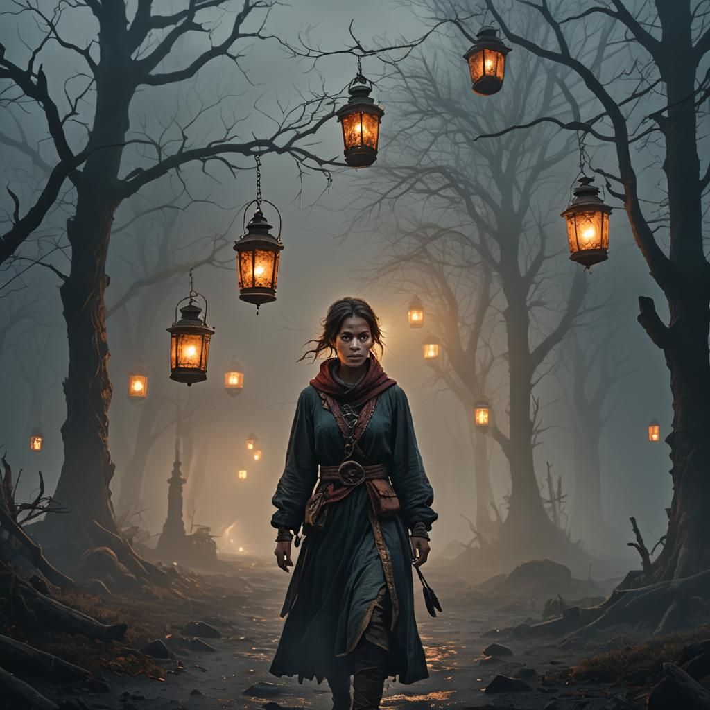 Woman with Lantern in Fog, Detailed Matte Painting
