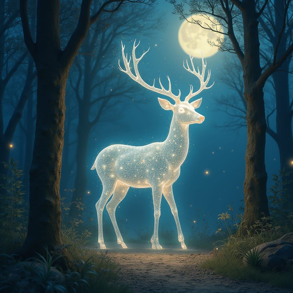 Starlight Deer in Moonlit Forest: Fantasy Art