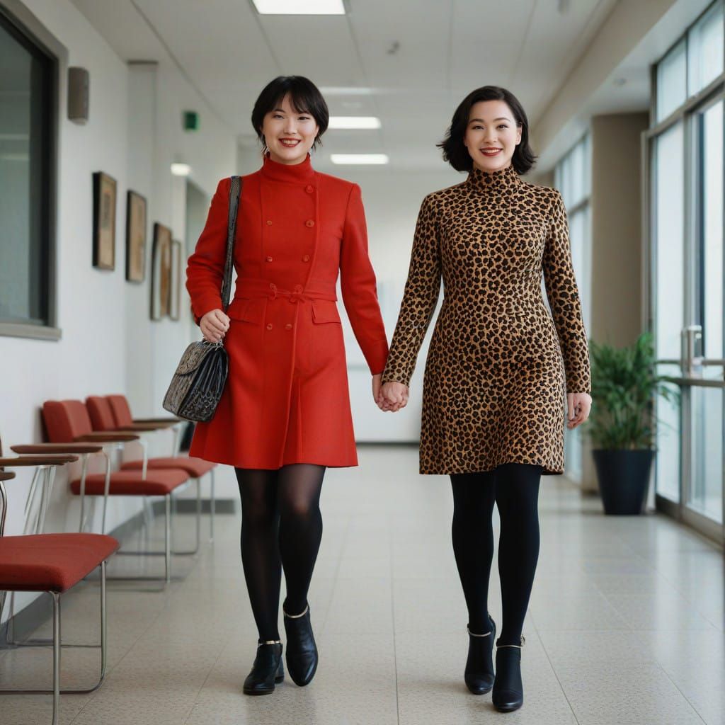 Elegant Interlude: Chubby Teen and Woman, Leopard Print, Red...