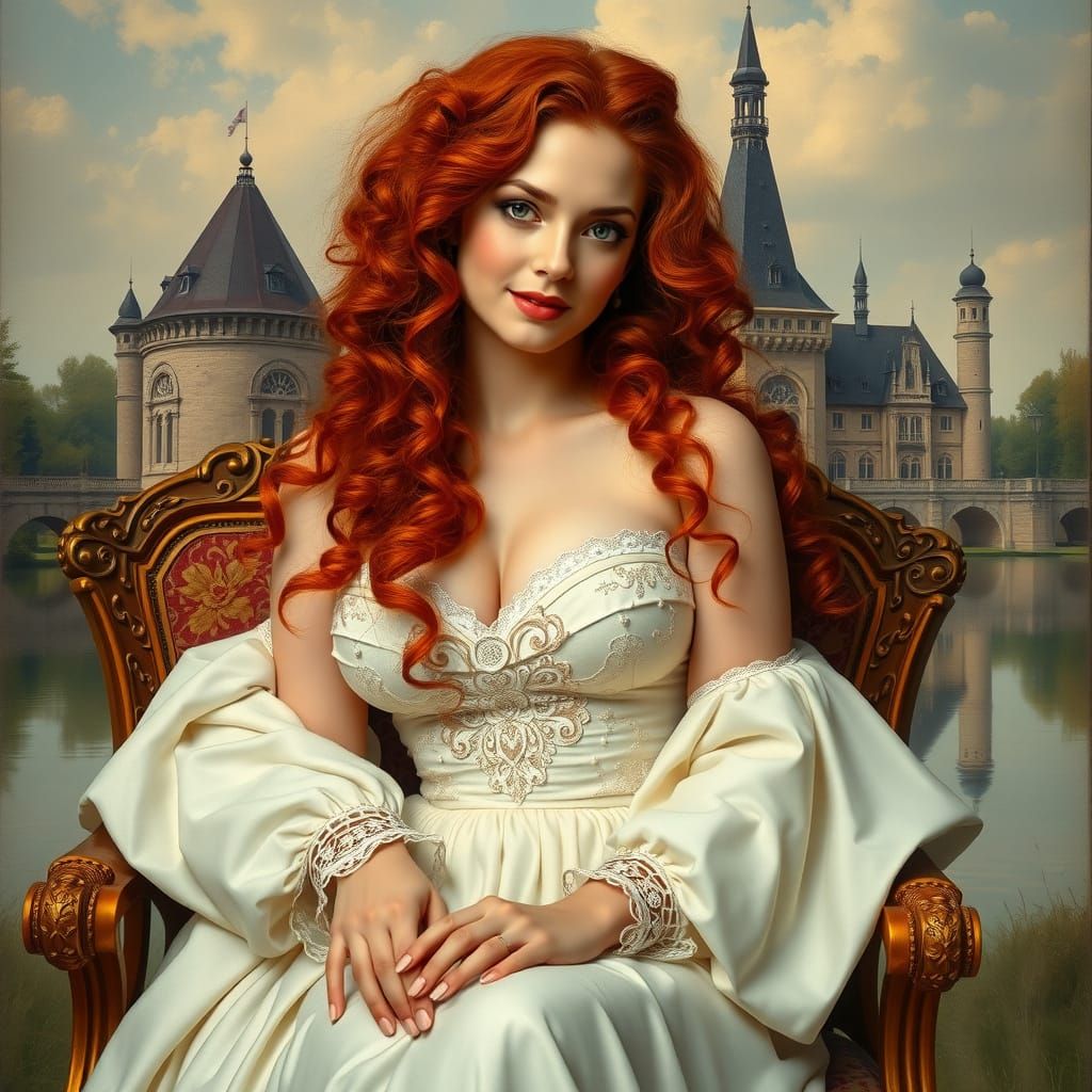 Renaissance Woman with Red Hair in Elegant White Gown