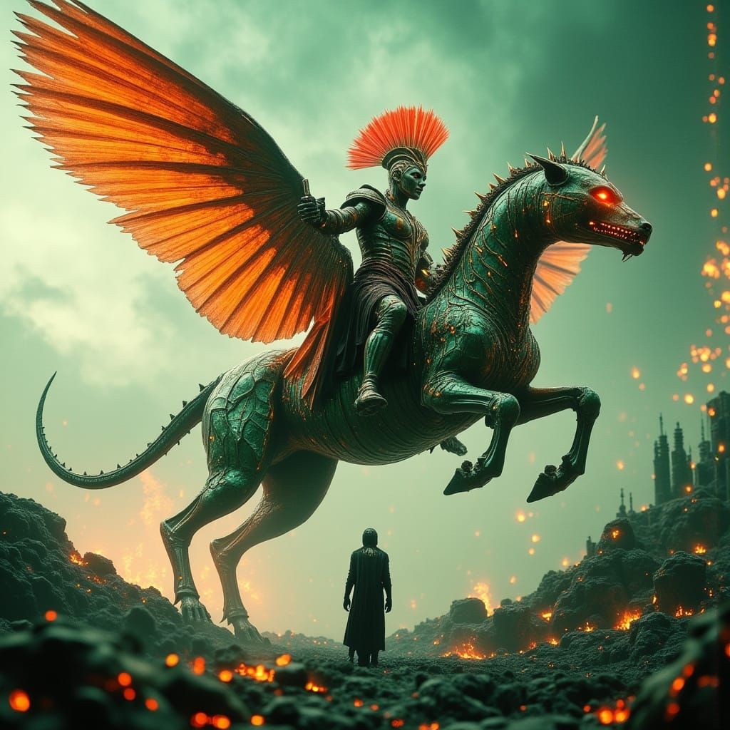 Alien Emperor Riding Sphinx Below Exploding Base