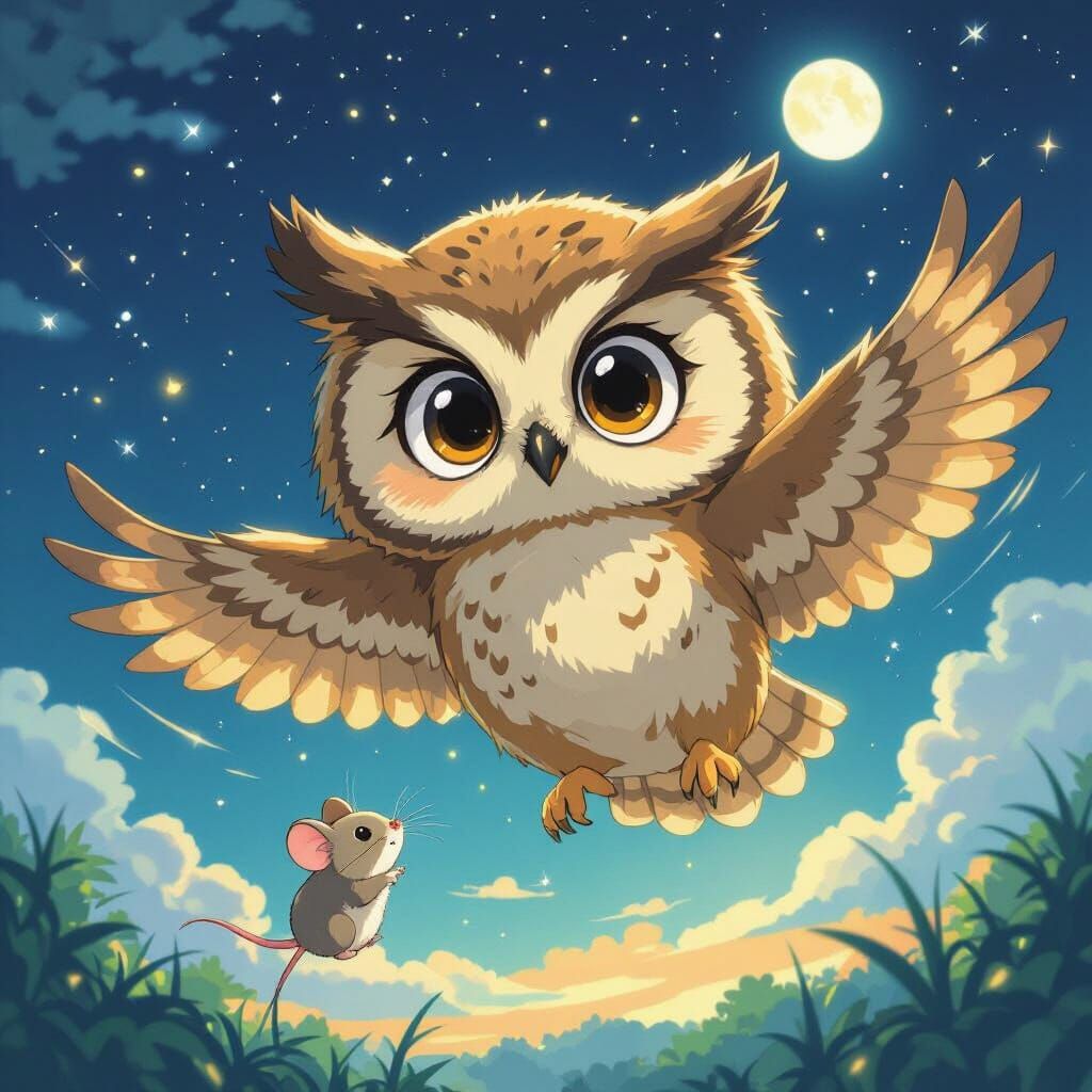 Cute Anime Owl Catches Mouse Under Starry Night Sky