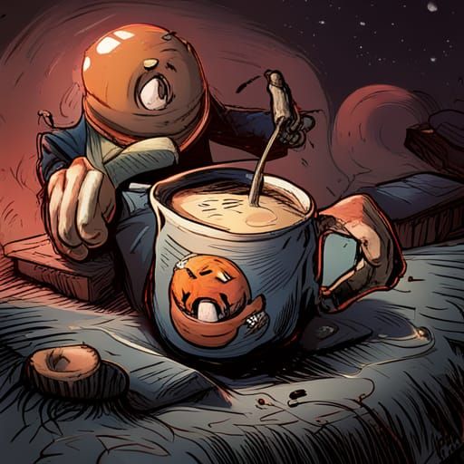 Halloween Coffee Mug Character with Donut, Comic Book Art