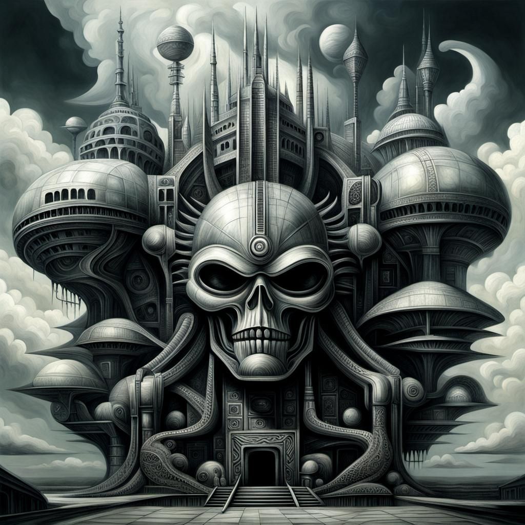 Surreal Cloud Starship in Cubist Giger Style