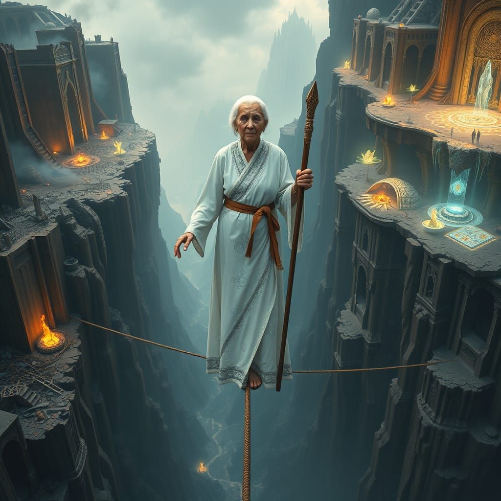 Elderly Woman Poised on Tightrope Between Destructive and Sp...