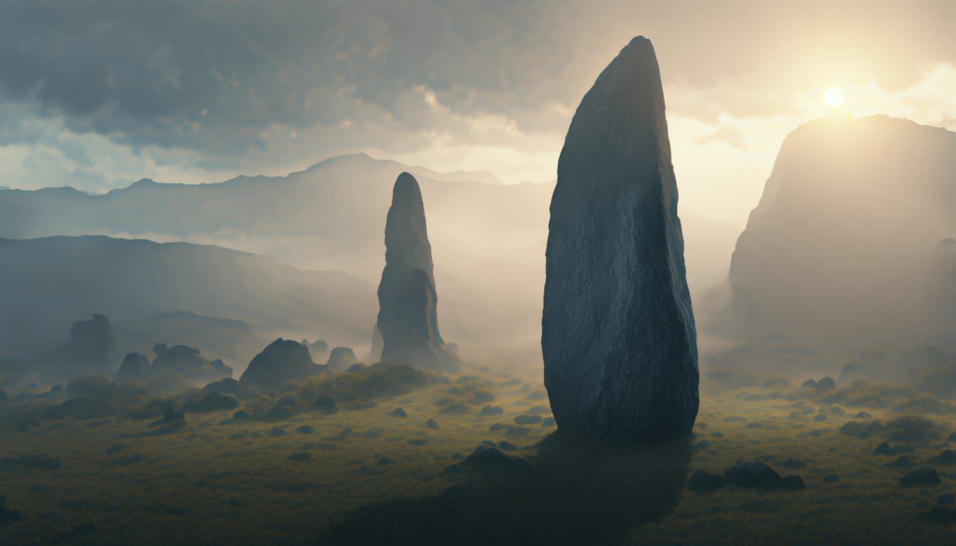 Mystical Menhir in Golden Light and Soft Mist
