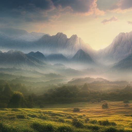 Realistic Valley Meadow at Soft Sunrise