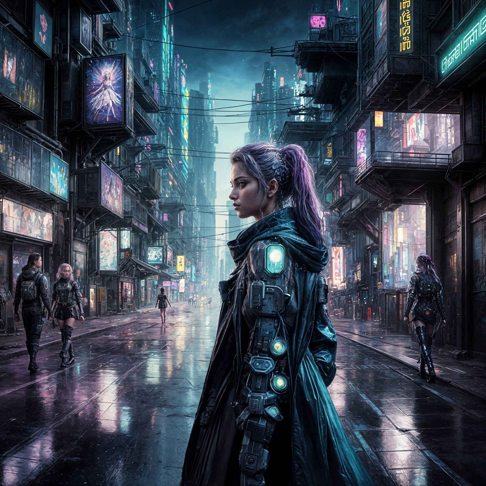 Cyberpunk Princess Walking City Street: Digital Art