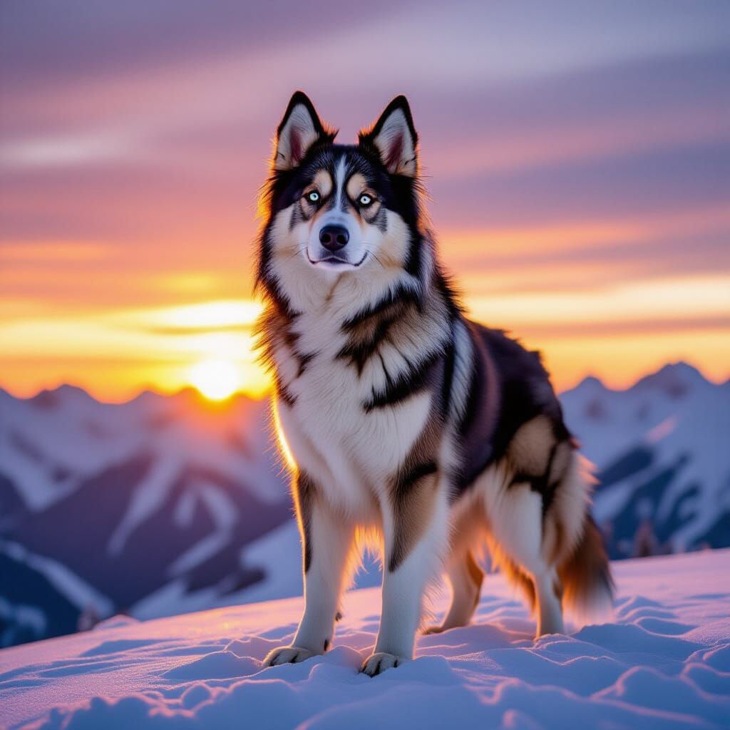 Majestic Half Shepherd Half Malamute Dog on Snowy Peak at Su...