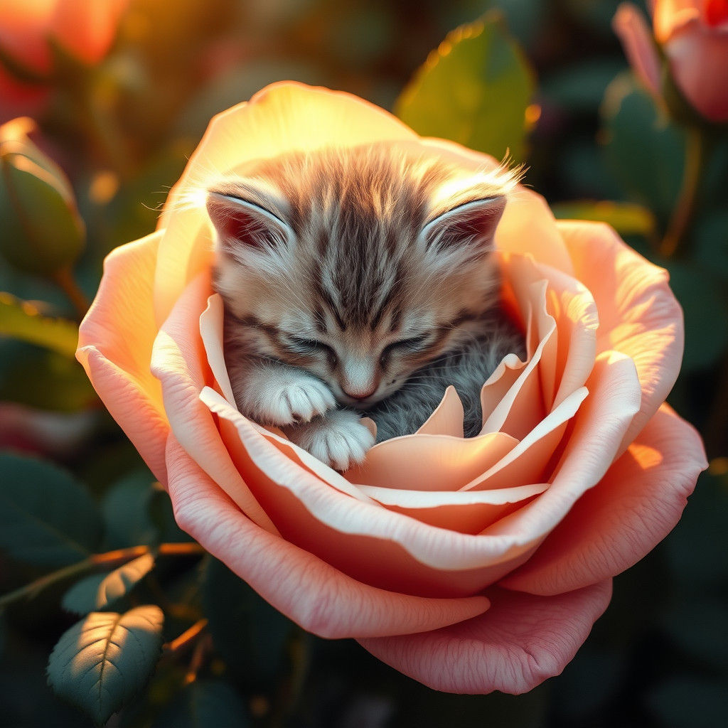 Kitten Sleeping in Rose Petals: Fantasy Concept Art