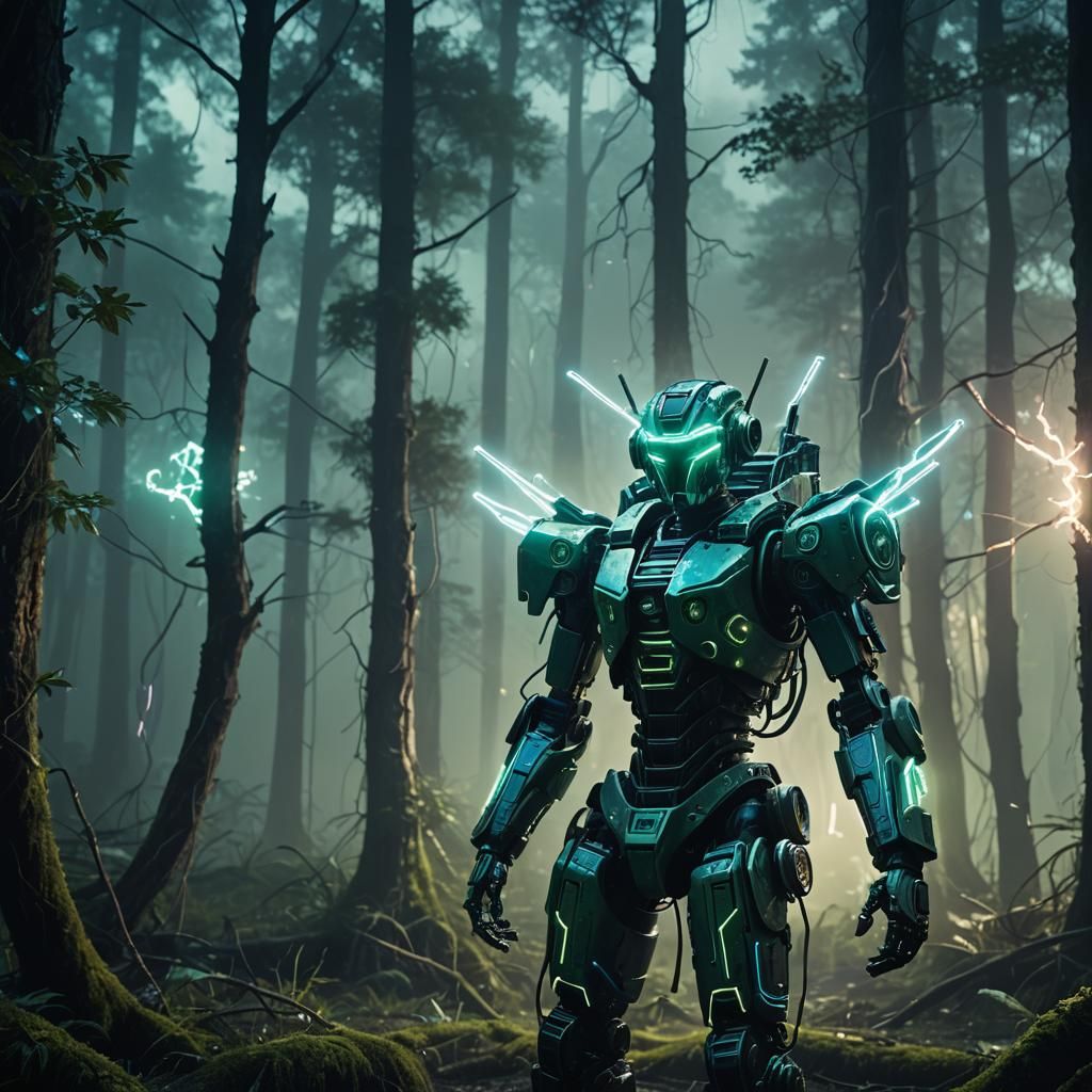 Cyberpunk Fairy Robot in Misty Forest with Lightning