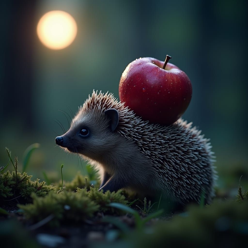 Hedgehog Carrying Apple at Night with Bokeh Effect
