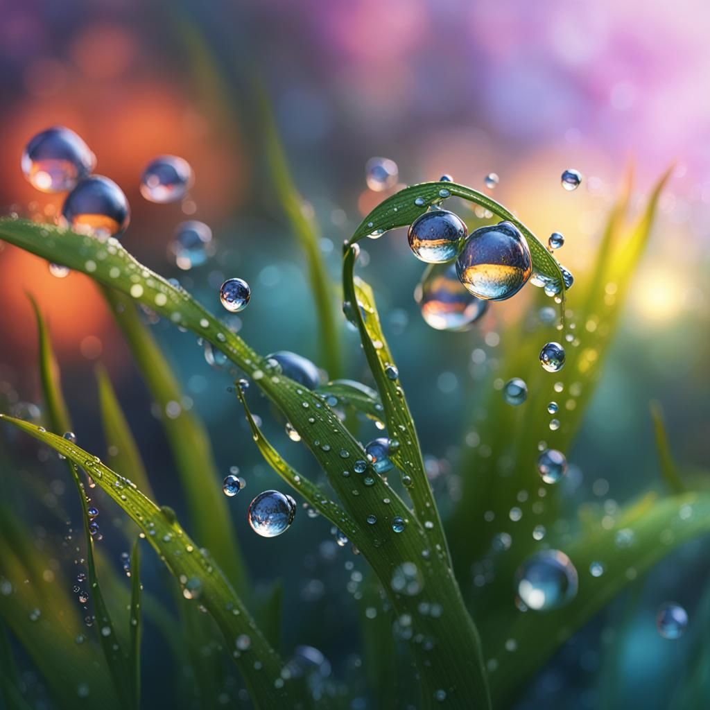 Hyperrealistic Dew Drops at Dawn in Colorful Forest
