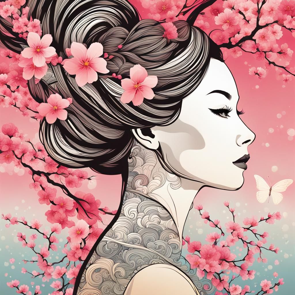 Stunning Woman in Profile with Cherry Blossoms