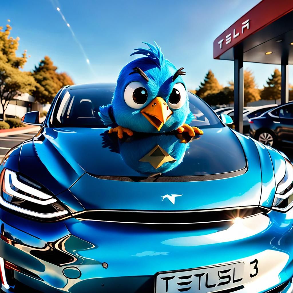 Blue Bird Pooping on Tesla, Pixar Style
