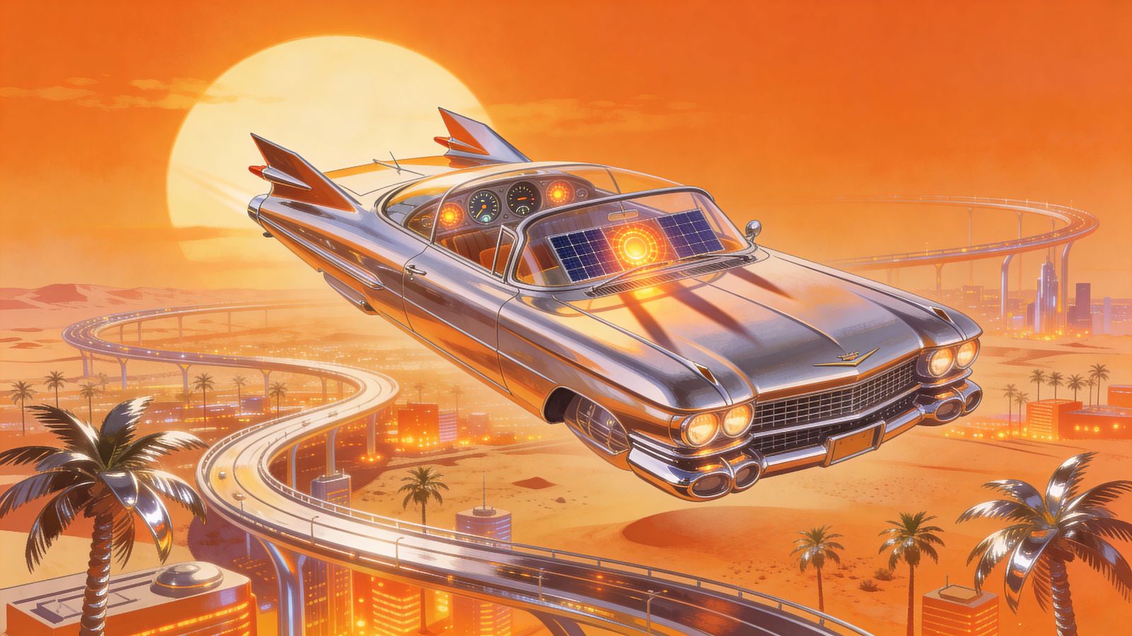 Retro-Futuristic Cadillac Spaceship in Orange Solar Sky