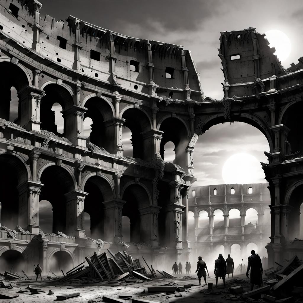 Post-Apocalyptic Colosseum Sunset in Black and White