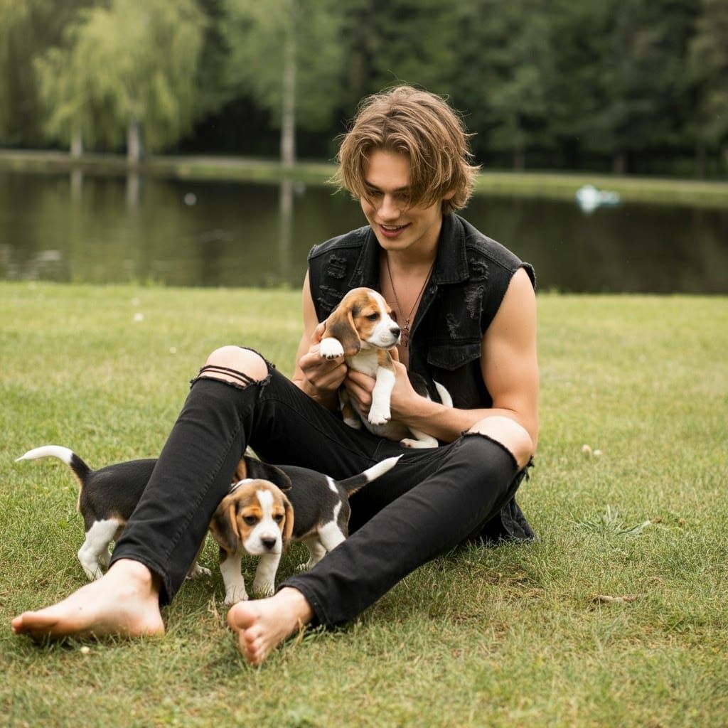 Serene Lakeside Afternoon with a Young Man and Playful Beagl...