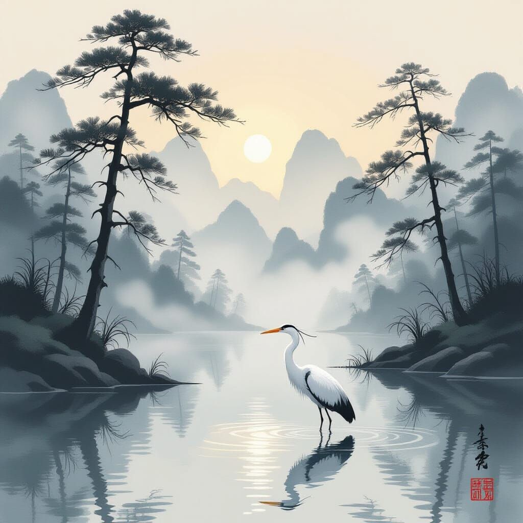 Heron in Foggy Forest Oriental Wallpaper Style