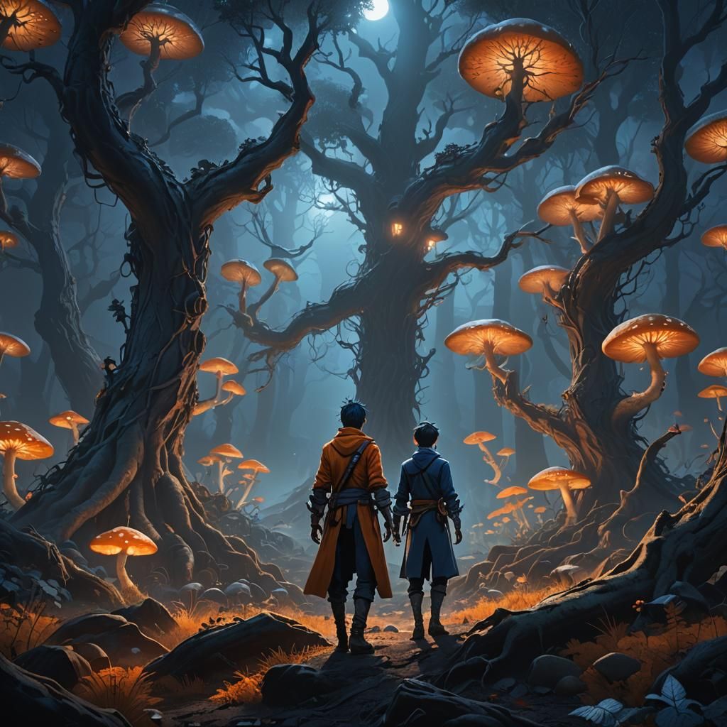 Moonlit Forest with Glowing Mushrooms in Fantasy Art