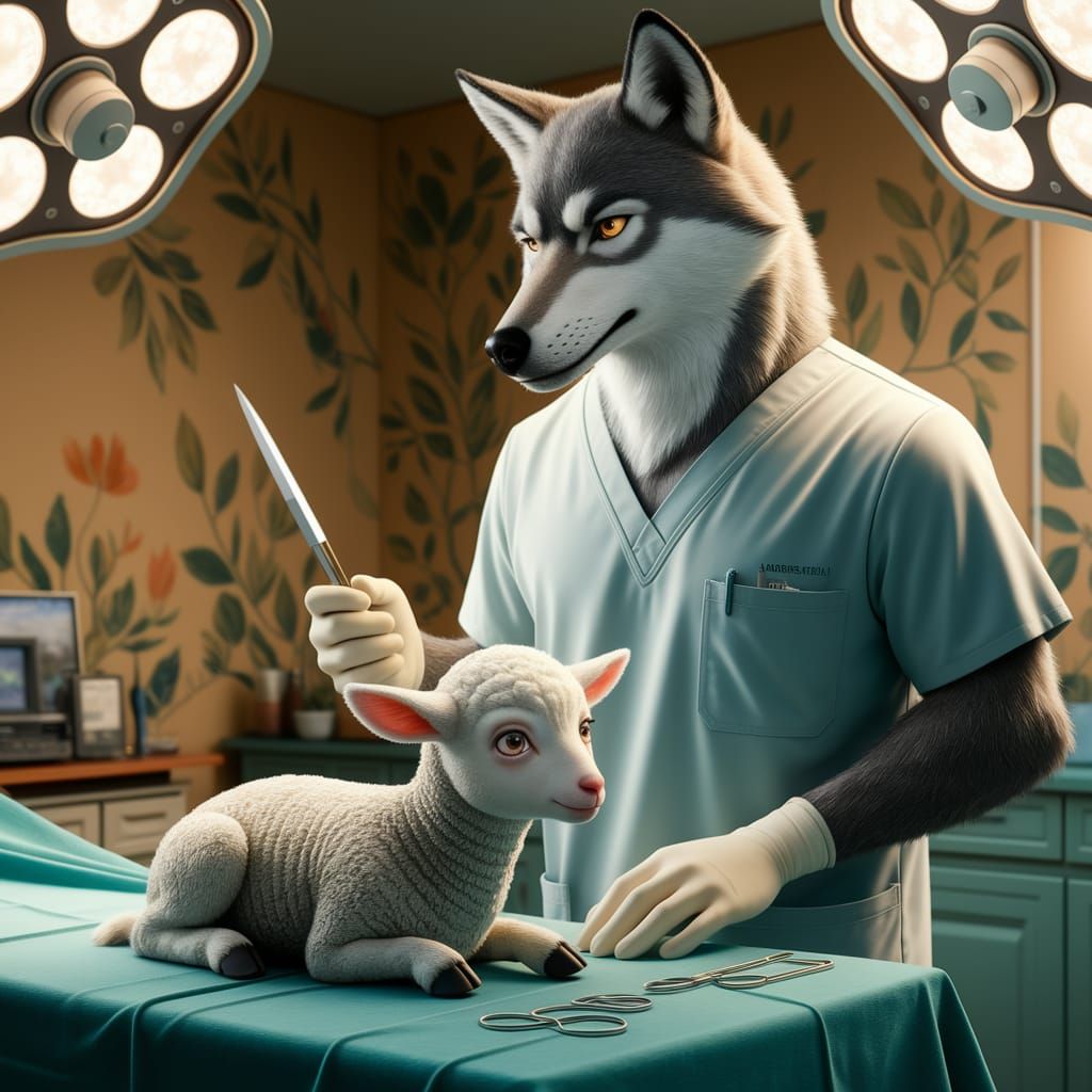 Surreal Lamb Surgery Scene in Pastel Colors