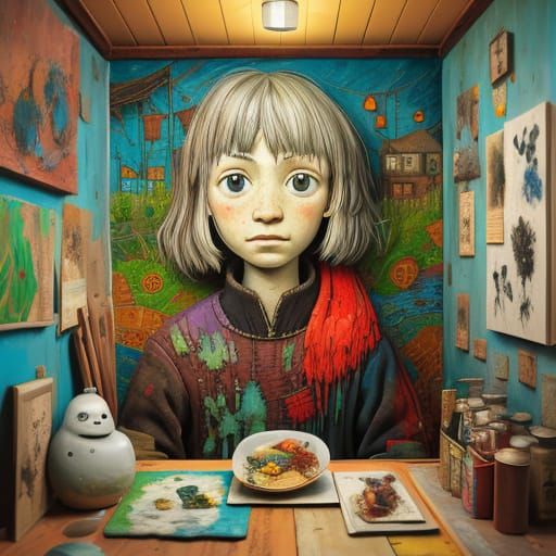 Naive Textured Encaustic Painting with Primitive Elements