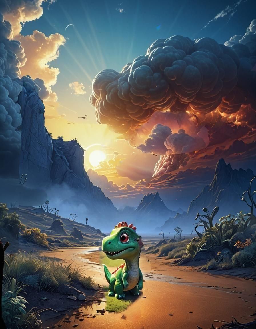 Cute Cartoon Dinosaur Searches on Cloudy Horizon