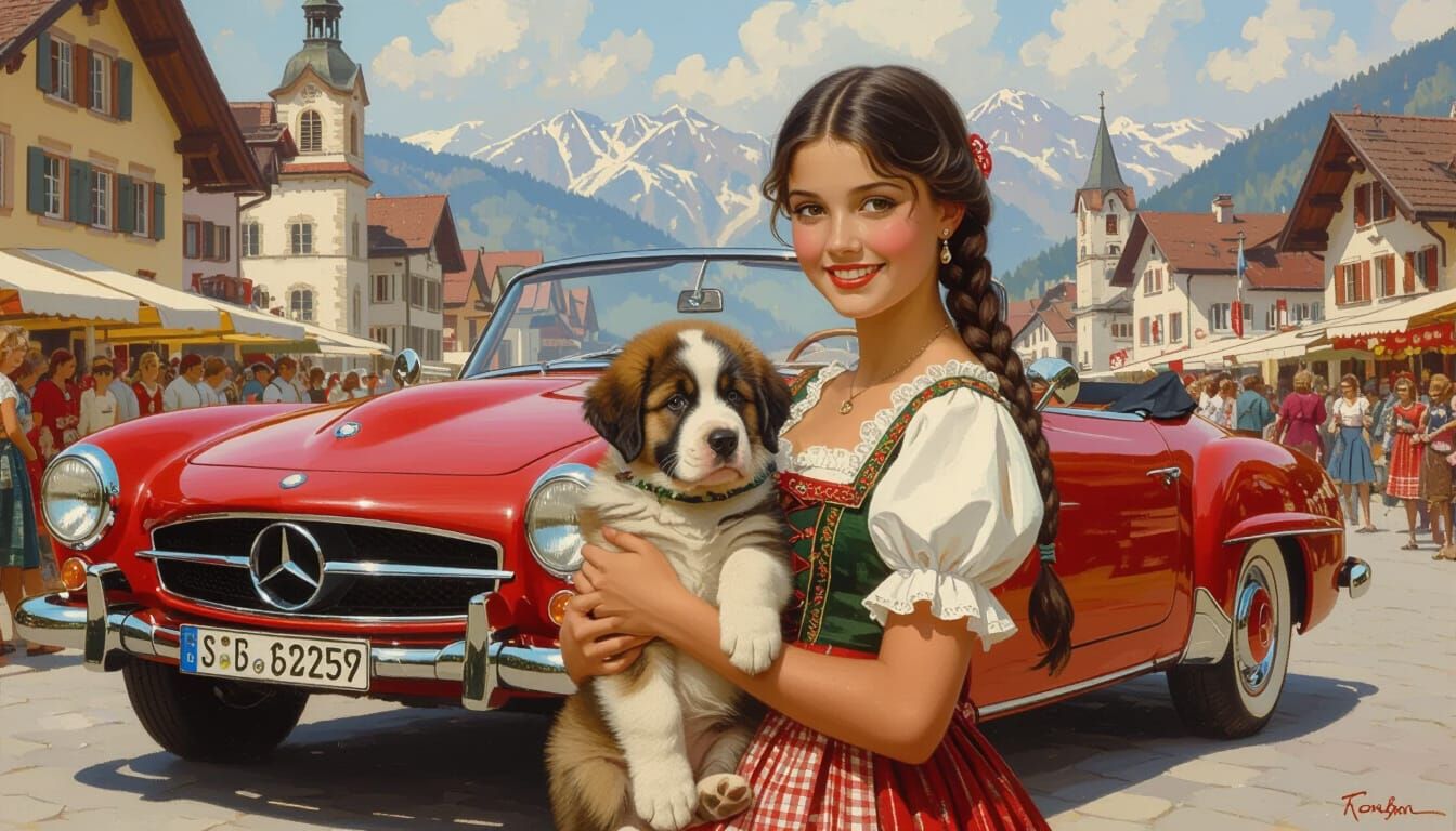Bavarian Girl with Saint Bernard Puppy & Vintage Mercedes