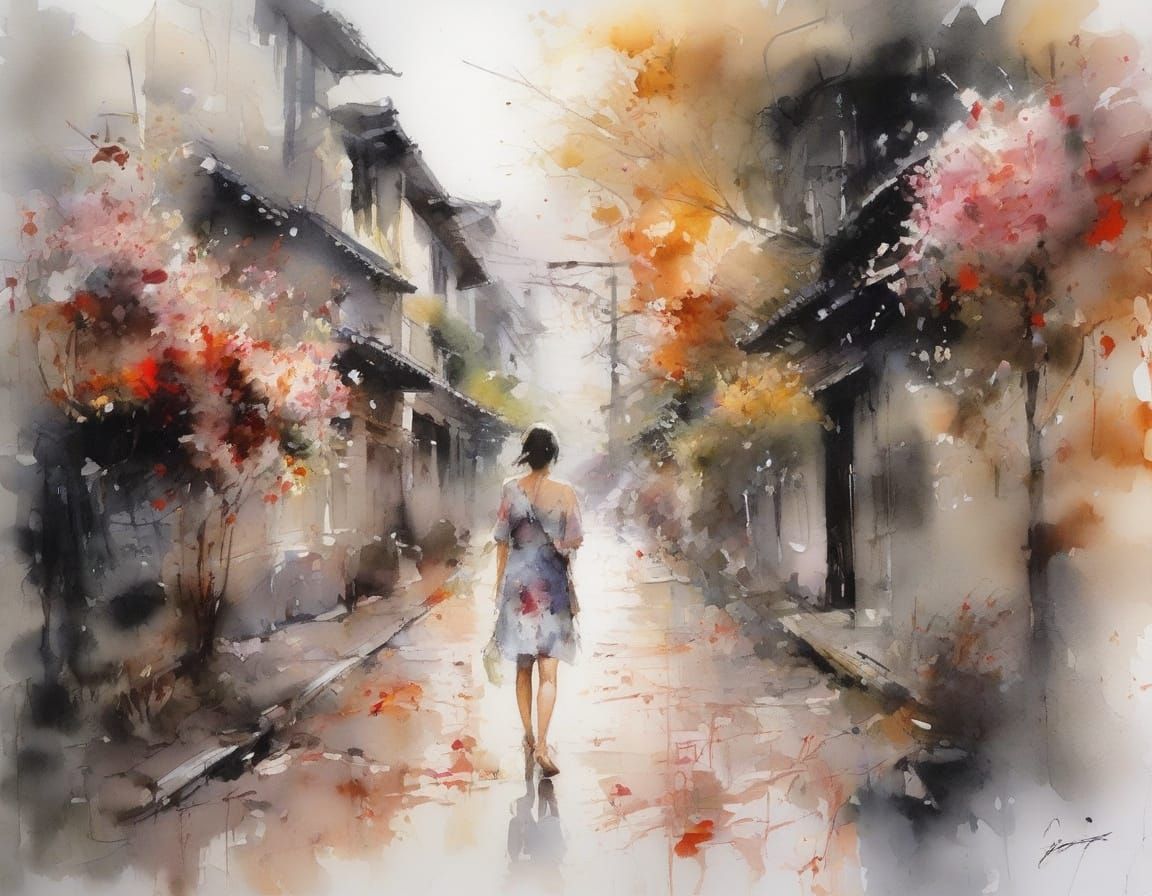 Ethereal Kyoto Pathway in Watercolor Style