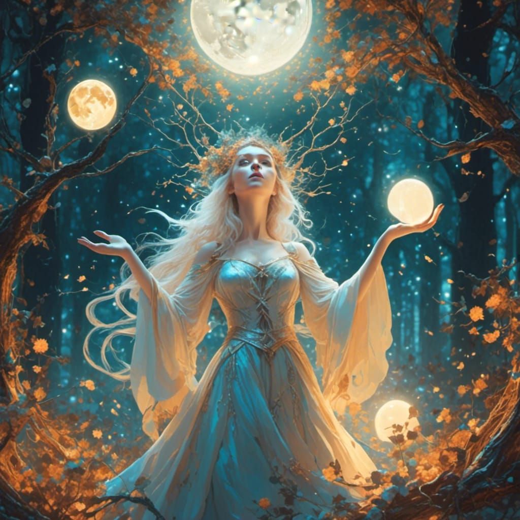 Female Witch Conjuring Moons in Enchanted Forest
