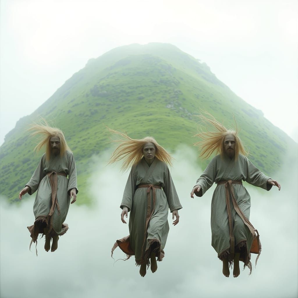 Three Eccentric Figures in a Dreamlike Landscape