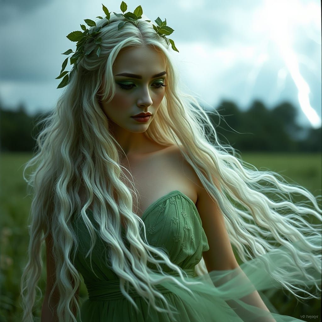 Ethereal Goddess in Rainy Meadow, Cinematic Film Still