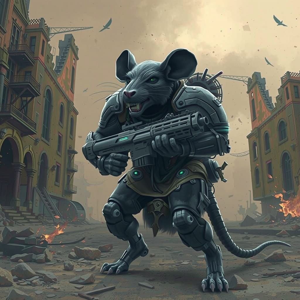 Sinister Rat Warrior in Cyberpunk Armor Unleashes Fury