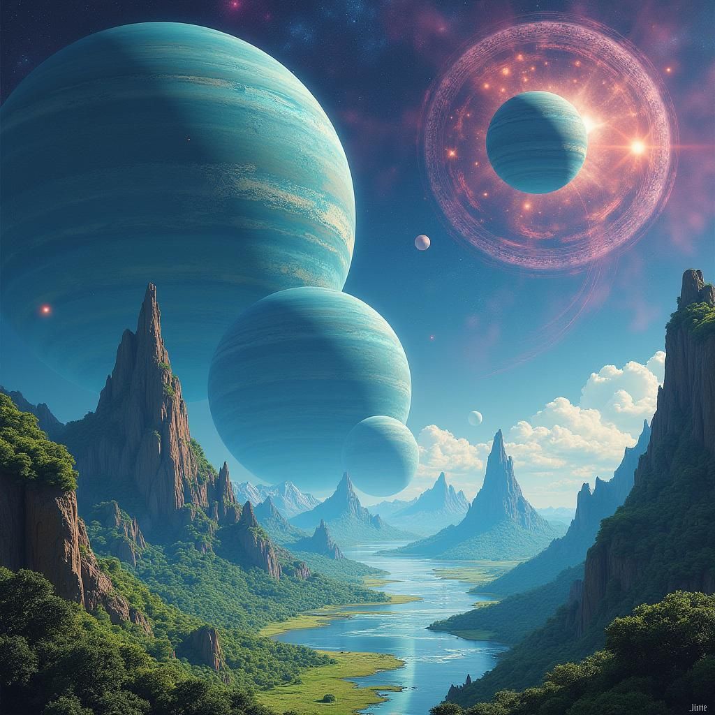 Celestial Landscape of Futuristic Planets in Dreamy Surreali...