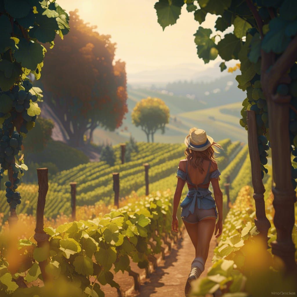 Woman Walking in Vineyard: Hyperdetailed Digital Art