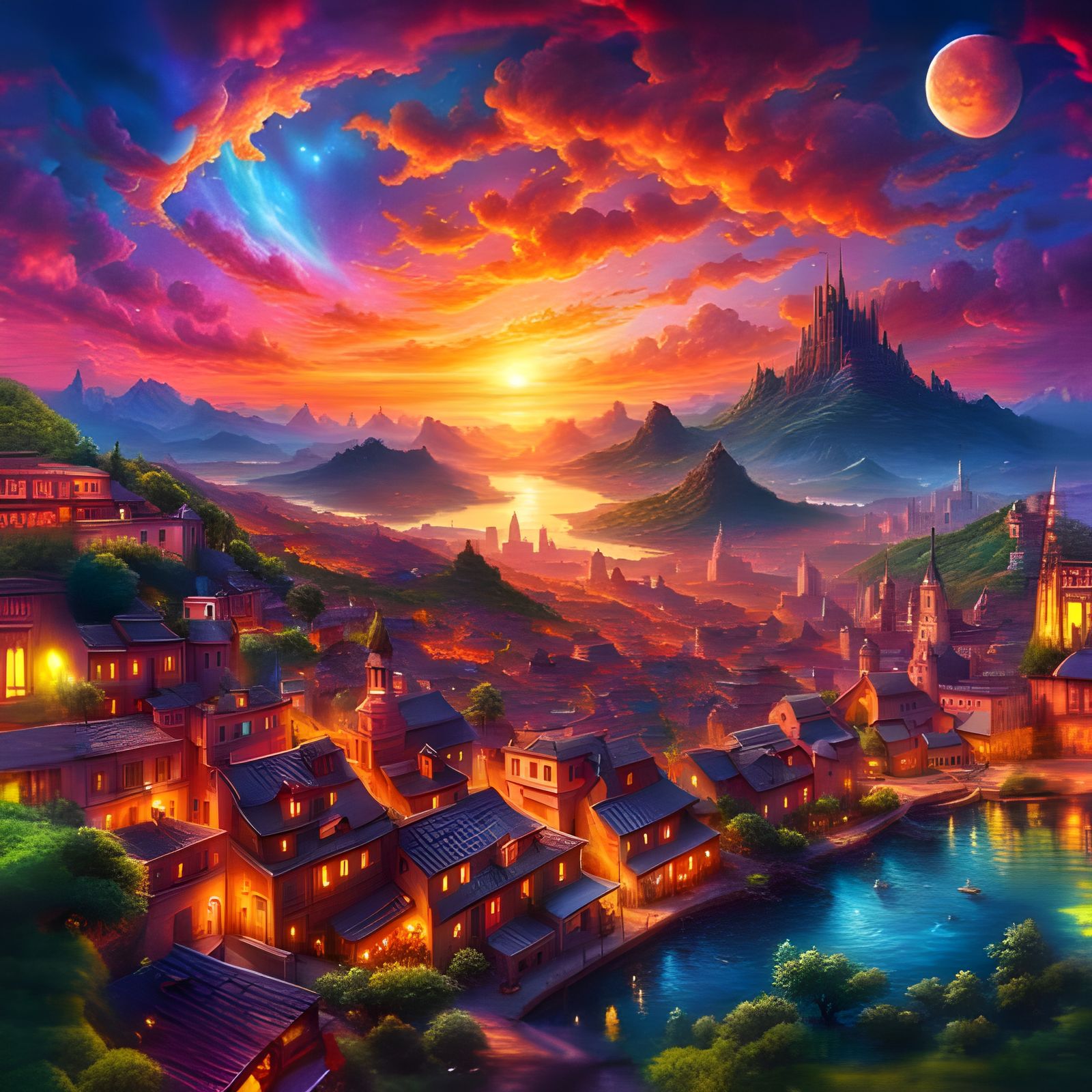 Magical Sunset Over Enchanted City: Digital Matte Painting